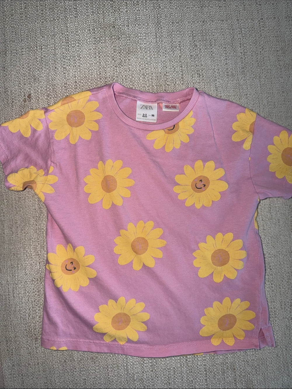 ZARA Pink Tee with Yellow Smiley Daisy Print